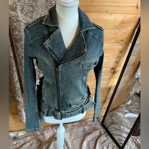 Silver Denim Moto Jacket with Lacing Details